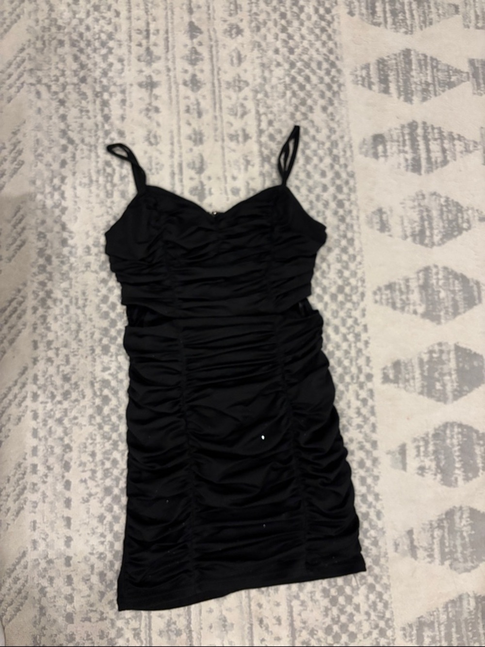 Ruched Black Spaghetti Strap Mini Dress